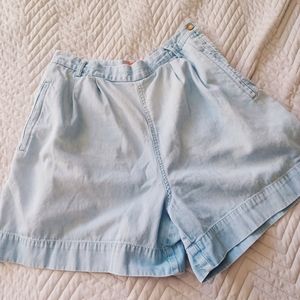 Vintage 90s High Waist Light Wash Chambray Cotton Denim Shorts Oversized Flowy